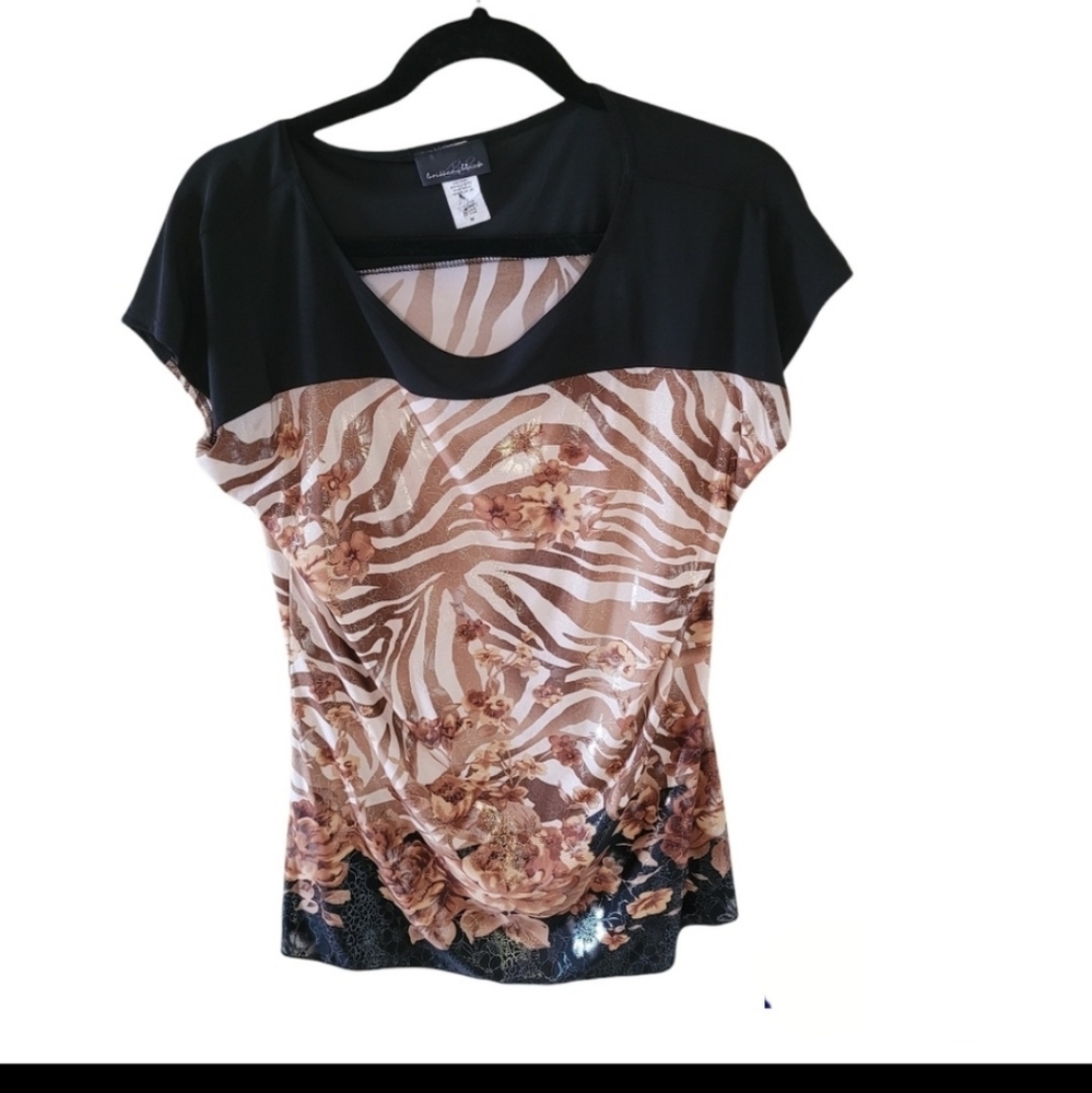 Brittany Black flower and animal print tan, black, & gold blouse. Size M…